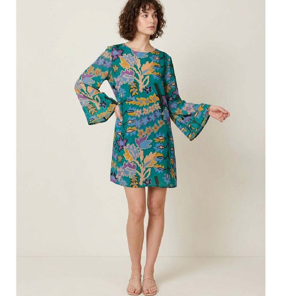 Oliphant Bukhara Green Long Sleeve Shift Dress Mini Medium Resortwear Floral